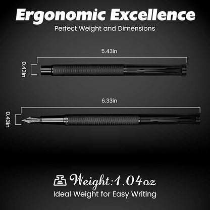 Fountain Pen with Fine Nib - Modern Black Metal Design with Intricate Knurled Grip, Smooth and Skip-Free Writing, Includes Ink Cartridges, Converter, and Protective Sleeve