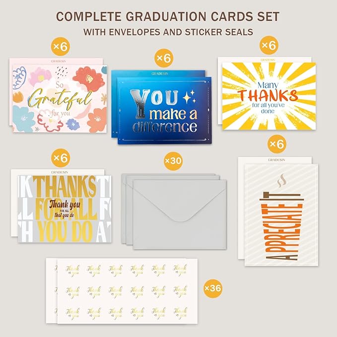 30 Employee Appreciation Cards Bulk with Envelopes - Teacher Thank You Cards 300GSM Blank Greeting Cards for Teachers, Employees, Nurse, Volunteers and Doctor