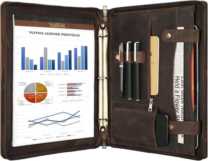 Portfolio Binder 3 Ring, Leather Binder Portfolio Folder for Left-Handed, Zippered Portfolio Padfolio Binder for Women, Leather Portfolio Organizer for Men (Dark Khaki, Non-Custom)