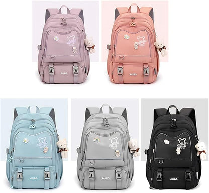 Cute School Laptop Backpack with Large Capacity Multiple Pockets for Girls Travel Friendly with Luggage Strap Accessory Included (Black)