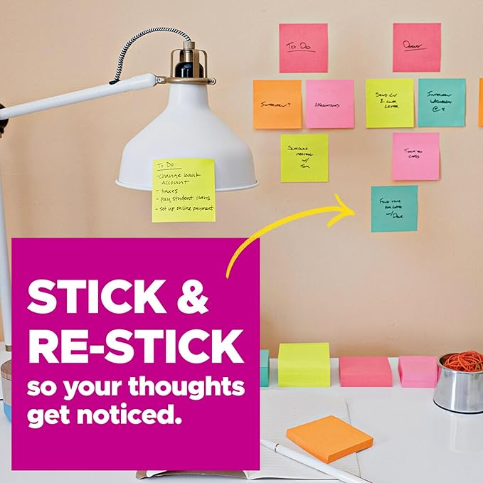 Post-it Super Sticky Notes, 12 Sticky Note Pads, 3 x 3 in., School Supplies, Office Products, Sticky Notes for Vertical Surfaces, Monitors, Walls and Windows, Canary Yellow