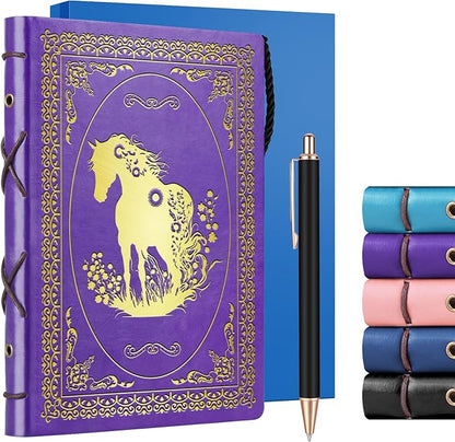 Purple A5 Horse Gifts for Women Girls Faux Leather Vintage Notebook Inspirational Horse Trainer Gift Hardcover Executive Notebook,200 Pages 120 Gsm Thick Ruled Paper With Pen,Horse Lover Gifts Equestrian Gift (Horse Purple)