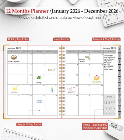 2026 Planner, Weekly and Monthly Calendar Planner from January 2026 - December 2026, 8.5" x 11" Hardcover Leather Hourly Appointment Book with Tabs, Spiral Daily Planners for College School Work Home, Pink