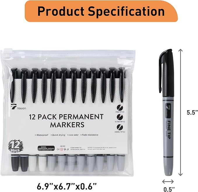 Permanent Markers 12 Black - Waterproof Quick Drying Pens Set 8 Fine Tip, 2 Ultra Fine, 2 Chisel Tip Office Home School Supplies for Adults Writing Doodling Marking