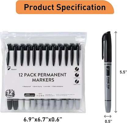 Permanent Markers 12 Black - Waterproof Quick Drying Pens Set 8 Fine Tip, 2 Ultra Fine, 2 Chisel Tip Office Home School Supplies for Adults Writing Doodling Marking
