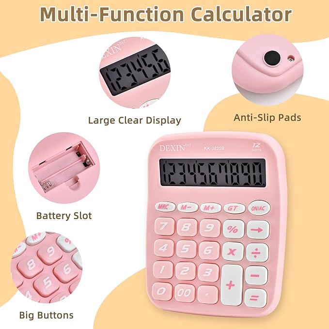 Cute Calculators Desktop, 12 Digit Basic Calculator with Big Buttons, Aesthetic Desk Accessories Large LCD for Office School Supplies (Pink)