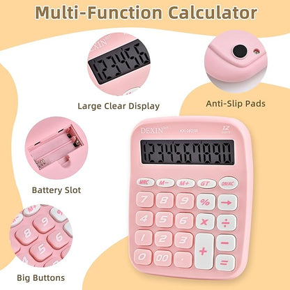 Cute Calculators Desktop, 12 Digit Basic Calculator with Big Buttons, Aesthetic Desk Accessories Large LCD for Office School Supplies (Pink)