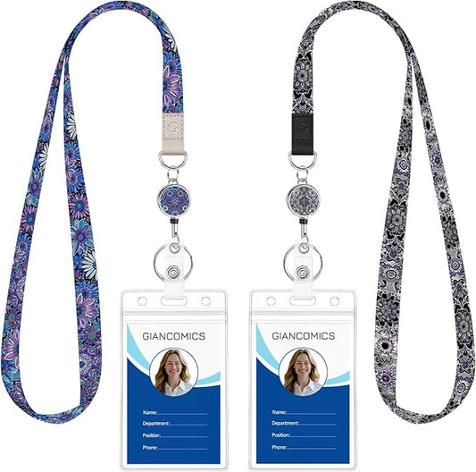 Giancomics Lanyards for Id Badges, Floral Lanyards with Retractable Reel, Waterproof ID Badge Holder for Cruise Ships Cards Key, Work Name Tag Zip Type Card Protector for Women 2 Pack