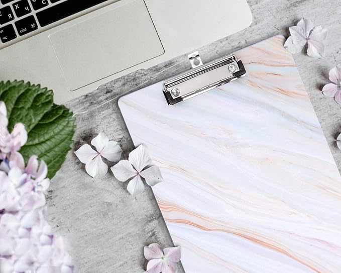 WAVEYU Marble Hardboard Office Clipboard, Decorative Clipboard with Low Profile Clip Chic Designed for Students Classroom School and Office Use, White (12.5"x9")