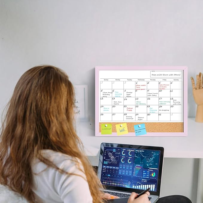 Dry Erase Calendar Cork Board Combo, 17"x13" Calendar Whiteboard for Wall, Magnetic White Board Monthly Calendar with Pink Wood Framed, Dry Erase Board for Planner Office Kitchen Home Memo