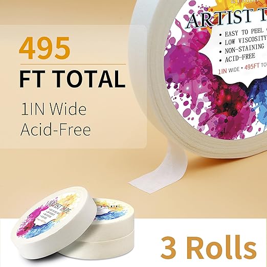 Artist Tape, 3 Packs White 1 inch for Watercolor Paper, Low Tack Masking Drafting Tape for Painting Canvas Framing, Acid-Free, 495 FT Long