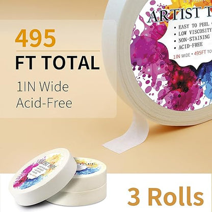 Artist Tape, 3 Packs White 1 inch for Watercolor Paper, Low Tack Masking Drafting Tape for Painting Canvas Framing, Acid-Free, 495 FT Long