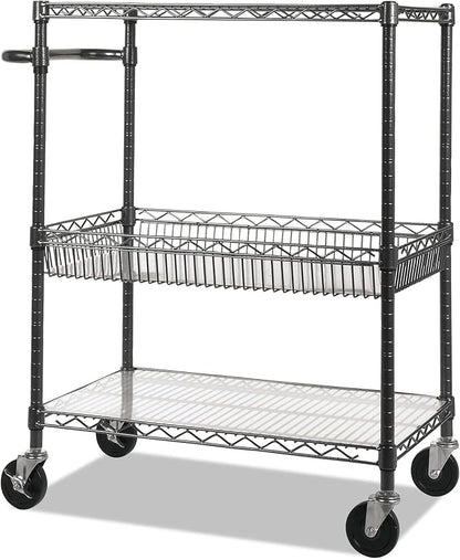 Alera Three-Tier Wire Cart, 34" x 18" x 40", Black