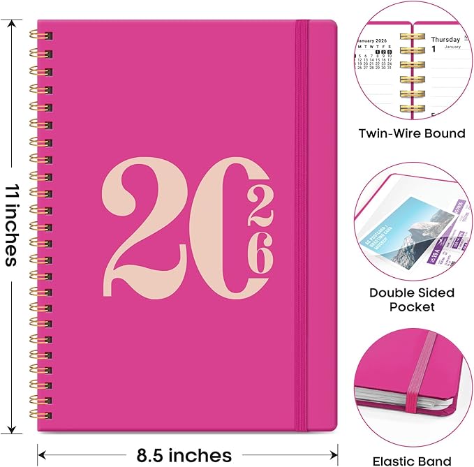 2026 Planner, Weekly and Monthly Calender Planner, Jan 2026 to Dec 2026, Hardcover 2026 Calendar Planner Book with Tabs & Inner Pocket, Office Home School Supplies for Women & Men - A4 (8.5" x 11"), Fuchsia Pink