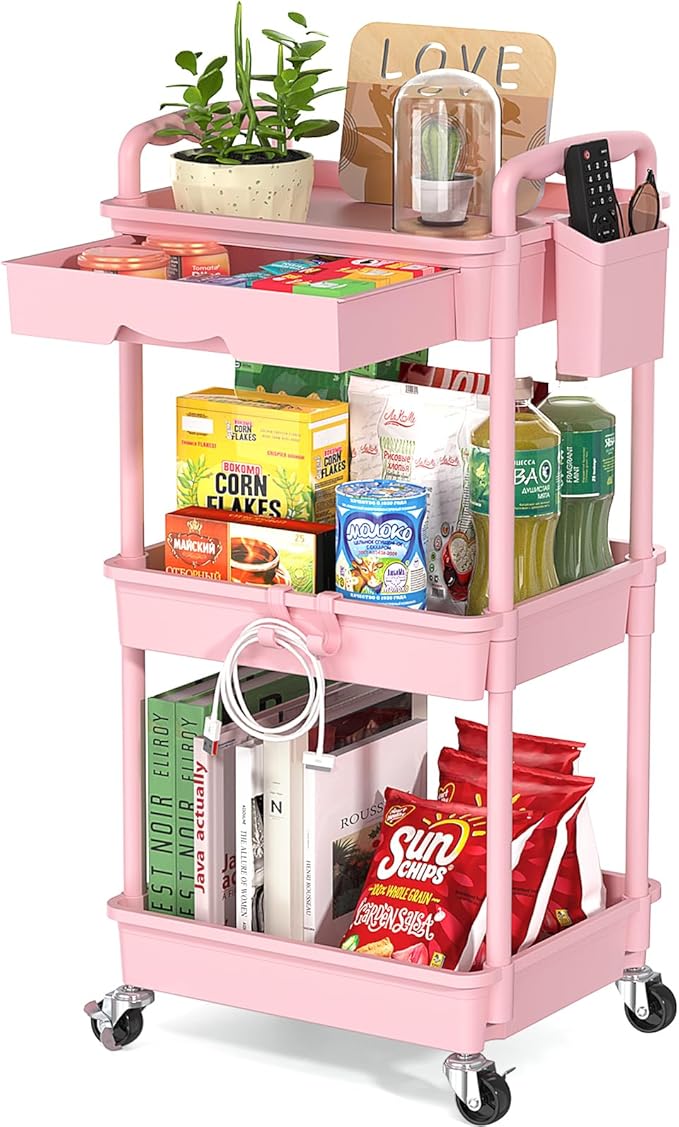 3 Tier Rolling Utility Cart with Drawer, Utility Storage Organizer with Plastic Shelf & Lockable Wheels Multifunctional Storage Cart for Kitchen, Bathroom, Office, Living Room, Pink