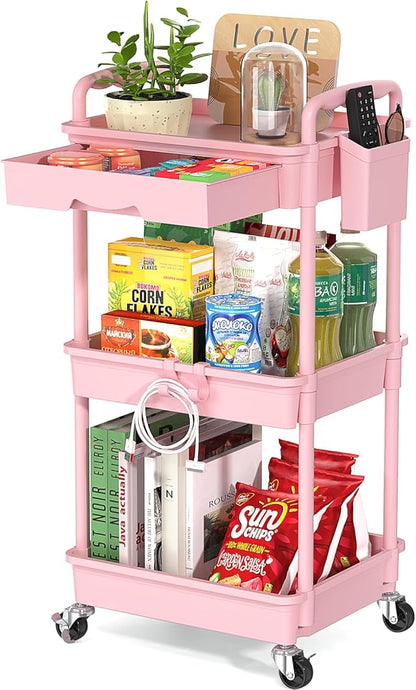 3 Tier Rolling Utility Cart with Drawer, Utility Storage Organizer with Plastic Shelf & Lockable Wheels Multifunctional Storage Cart for Kitchen, Bathroom, Office, Living Room, Pink