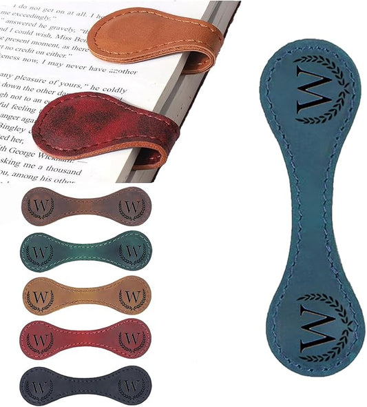 Personalized Magnetic Leather Bookmark, 26 Letters Custom Leather Bookmarks, Handmade, Leather Magnetic Bookmark for Book Lovers Readers Women Kid(Blue，W）
