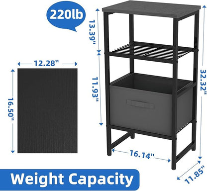 Printer Stand with Drawer Storage, 3 Tier - Heavy Duty Metal Shelving Unit with Wood Desktop, Industrial Printer Side Table with Wheels for Scanner Fax Machine, Black