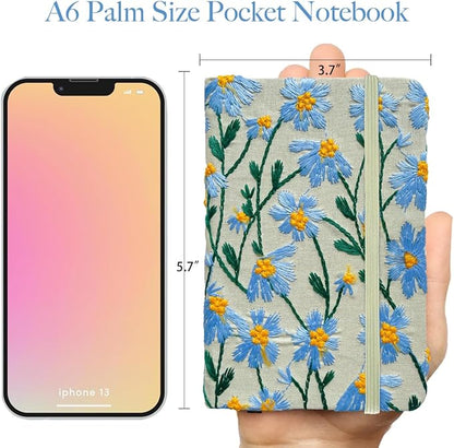 Pocket Notebook, Small Sketchbook, A6 Journal, 4x6, Daisy Gifts for Women, Floral Notebook, Embroidery Journal, Blank Paper, Hardcover, Lay Flat, Elastic Band, Diary for Girls, Blue Daisy