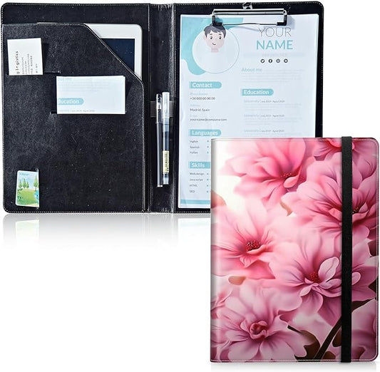 Padfolio Folder with Clipboard,Portfolios Organizer Clipboards with Storage Clipboard Writing Pad PU Leather Conference Document Organizer with Business Card Holder,Pink Flowers