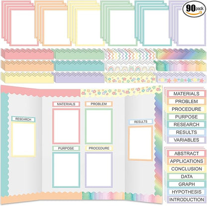90 Pcs Science Fair Board Supplies 60 Trim Scalloped Bulletin Board Borders 24 Presentation Board Subtitles 6 Science Fair Titles for Classroom Display Boards (Pastel)