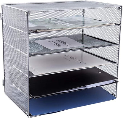 EASEPRES 5 Slot Mesh Desk Organizer Tray, File Paper Letter Folder Holder Desktop Paper Sorter Mail Organization Rack Storage Accessories, for Office Home School Classroom, Silver