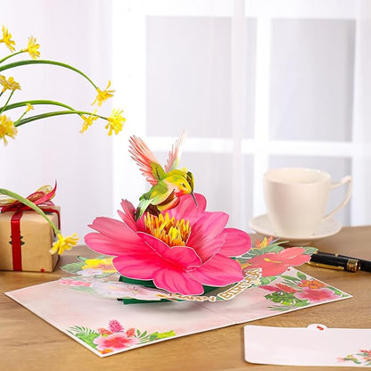 Hummingbird Pop Up Birthday Cards for Women, Beautiful Hummingbird on Flowers, Elegant, Floral 3D Happy Birthday Greeting Cards, Ideal Gift for Mom, Sister, Her, Grandma, Aunt, Daughter, Stepmother