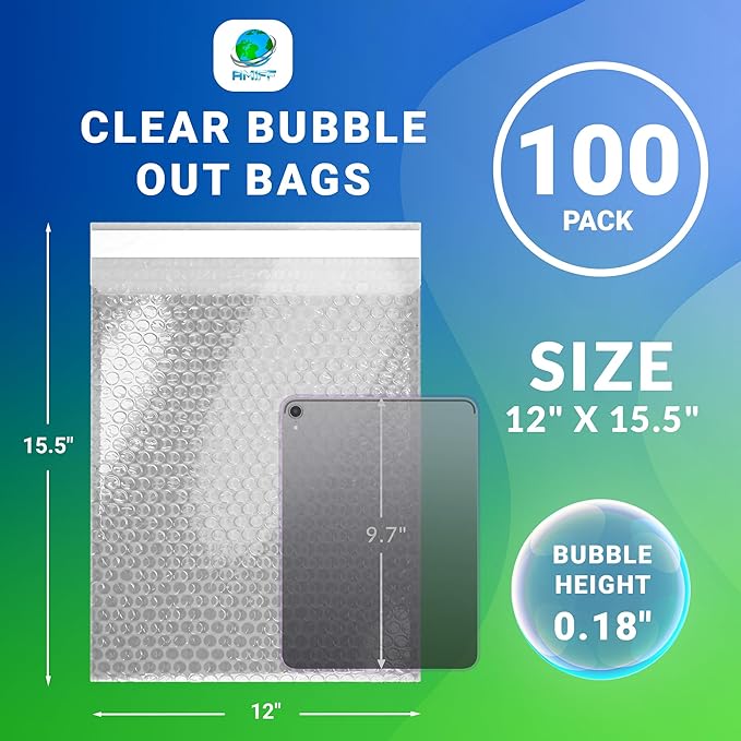 Clear Bubble Out Bags, 12 x 15.5 Inches. 100 Pack Self Seal Bubble Pouches. Polyethylene Clear Bubble Bags for Packing. Waterproof Clear Bubble Out Pouches for Fragile Things