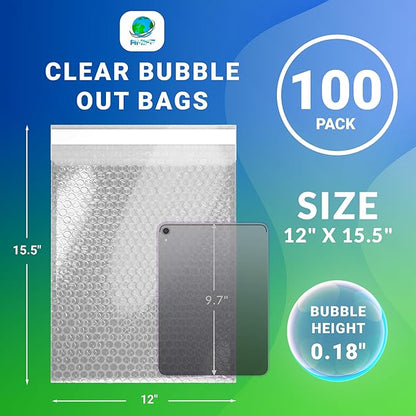 Clear Bubble Out Bags, 12 x 15.5 Inches. 100 Pack Self Seal Bubble Pouches. Polyethylene Clear Bubble Bags for Packing. Waterproof Clear Bubble Out Pouches for Fragile Things