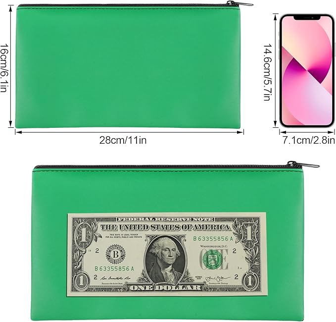 4Pack Money Bag 11 X 6 ", Safe Durable Money Bags with Zipper for Cash Waterproof, Coin Money Pouch PU Leather Bank Bag, Bank Bags with Zipper for Checks Makeup Bills Receipts Tool Storage Bag (Green)