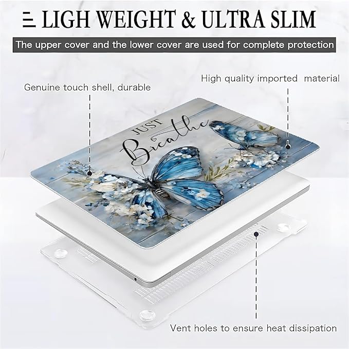 Compatible with MacBook Air 13.6 Inch Case 2024 2023 2022 Release Model A3113 M3 A2681 M2, Blue Flower Butterfly Hard Plastic Shell Cover Case