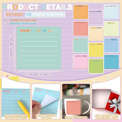 Yinder 24 Pcs Inspirational Sticky Notes with Lines Cute Motivational Sticky Notes Pad Employee Appreciation Gifts Bulk for Teacher Nurse Coworkers Office Supplies 3 x 3''(Light Color,Thankful)