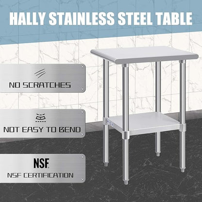 Hally Stainless Steel Table for Prep & Work 24 x 18 Inches, NSF Commercial Heavy Duty Table with Undershelf and Galvanized Legs for Restaurant, Home and Hotel