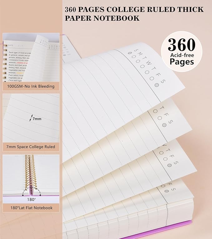 Spiral Notebook Journal ,360 Pages College Ruled Notebooks,Lined Thick Journals for Women Men, A5 Thick Spiral Journal for Writing,100GSM Paper, Spiral Notebooks for Work School 5.5"x8.5" Purple