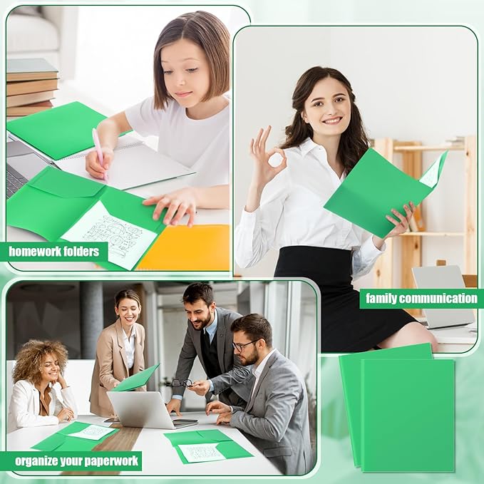 Gueevin 24 Pcs Plastic Folders with Pockets, Two Pocket Folder Fit Letter Size, Heavy Duty School Business Card Holder for Home Office School Bussiness, 11.61 x 9.45 Inches (Green)