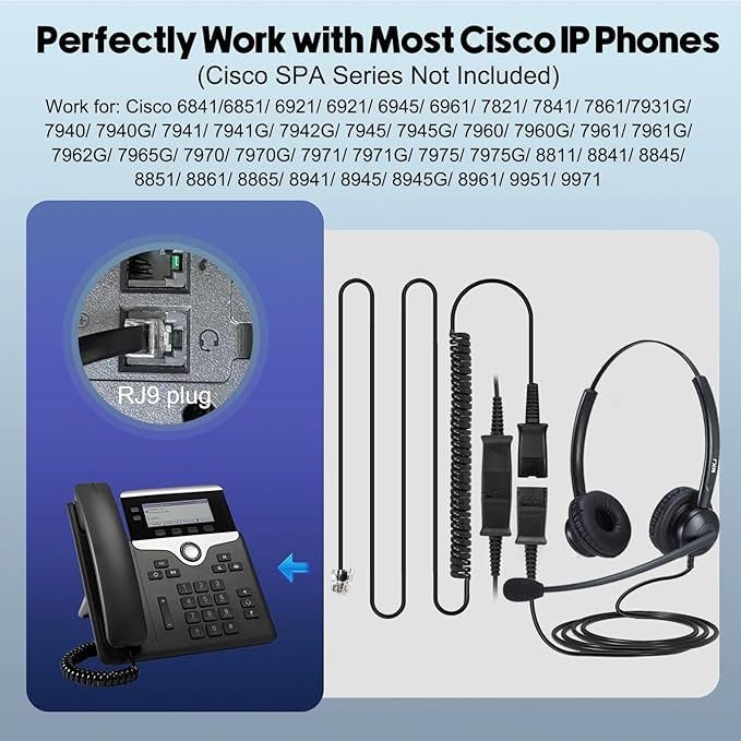MKJ Noise Cancelling Cisco Headset with Microphone Dual Ear Wired Call Center Headphones for Office Phone Cisco CP-7821 7841 7861 8841 7942G 7931G 7940 7945G 7961 7962G 7965 7970G 7975G 8811 9951