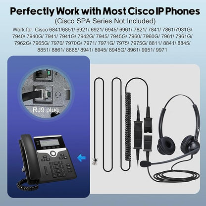 MKJ Noise Cancelling Cisco Headset with Microphone Dual Ear Wired Call Center Headphones for Office Phone Cisco CP-7821 7841 7861 8841 7942G 7931G 7940 7945G 7961 7962G 7965 7970G 7975G 8811 9951