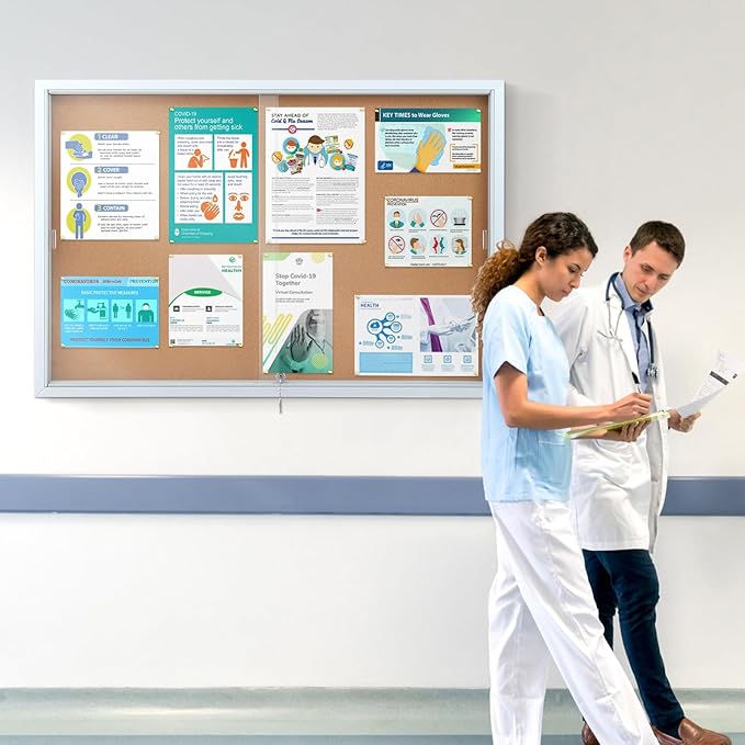 SWANCROWN Enclosed Locking Bulletin Board Cork Message Board with Sliding Glass Doors,for Indoor Use,48"x31.5"
