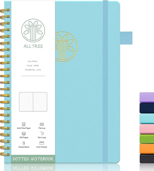 Spiral Dot Grid Notebook Journal, Dotted Paper Notebook, A5 Medium, Hardcover Notebook for Work, ALLTREE Spiral Notebook with Tabs, Pen Loop, Pocket, Stickers, 160 Pages, Journal for Women & Men, Sky Blue(6"x8.5")