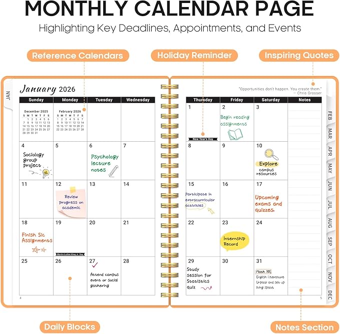 2026 Planner, Weekly and Monthly Calender Planner, Jan 2026 to Dec 2026, Hardcover 2026 Calendar Planner Book with Tabs & Inner Pocket, Office Home School Supplies for Women & Men - A4 (8.5" x 11"), Bright Orange