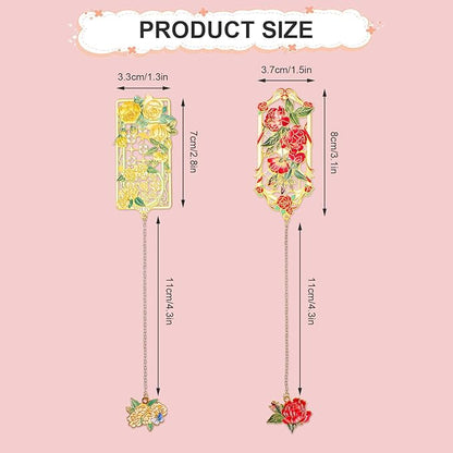 2 Pcs Metal Rose Bookmarks, Beautiful Book Marks for Reading Women Vintage Bookmarks with Metal Chain Pretty Bookmark Gift for Book Lovers Readers Birthday Christmas Gifts(Red, Yellow Roses)