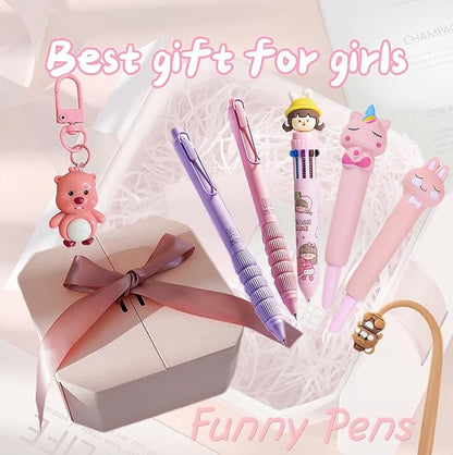 6pcs Kawaii Pens with 1 Cute Keychain Great gift for Girls Stress Relief Pen Cartoon Ballpoint Pen for Office Back to School Supplies Students Gift