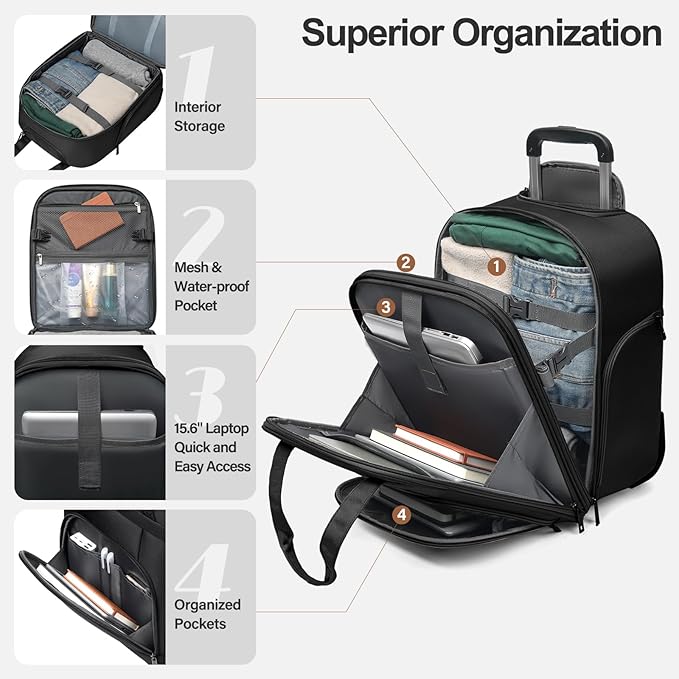 Multi-functional 16-Inch Underseat Carry on Luggage With Wheels Softside Lightweight Compact Travel Business Suitcase bag for Pilots and Crew,Black