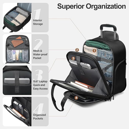 Multi-functional 16-Inch Underseat Carry on Luggage With Wheels Softside Lightweight Compact Travel Business Suitcase bag for Pilots and Crew,Black