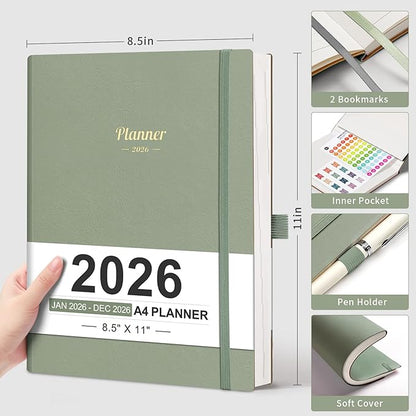 AHGXG 2026 Planner, Weekly and Monthly, Large A4 8.5"x11", Planner 2026-2027, Calendar 15-Months Jan 2026 - Mar 2027, Vegan Leather Softcover, Inner Pocket, Sage Green