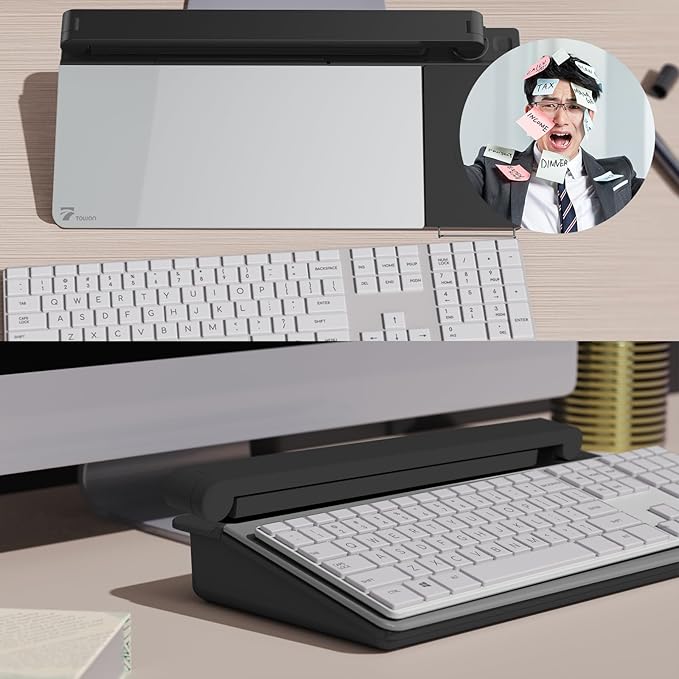 Small Desk whiteboard - Glass Dry Erase White Board- Desk Computer Buddy with Fast Charger Charging Station, Desk Board Buddy with Adjustable Foldable Desk Lamp, Dry Erase Notepad, Black, 17 x 6 in