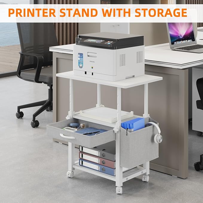 22"x15" Large Printer Stand with Storage Drawer and Side Bag, 3-Tier Height Adjustbale Printer Table for Home Office, Rolling Printer Cart fit Heat Press/Laser printer/3D Printer(White)