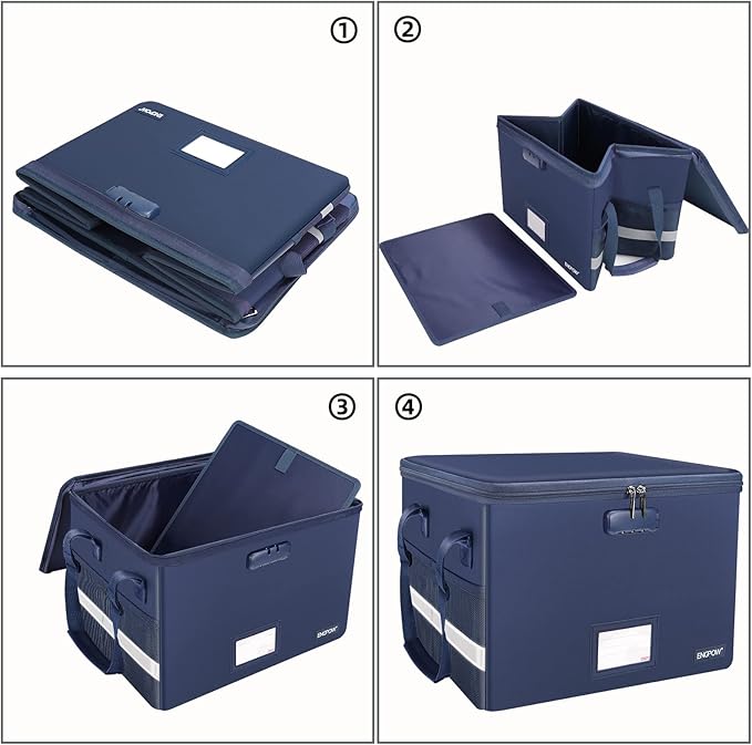 ENGPOW File Box with Lock,Fireproof Document Box with Pockets,Collapsible File Storage Organizer Filing Cabinet with Handle,Portable Home Office Safe for Hanging Letter/Legal Folders,2 Pack(Blue)