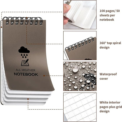 3 Pack Waterproof Notebook, 3 x 5 Pocket Notepad, All Weather Small Pocket Notebook Stone Paper, Mini Spiral Notepad Police Notepad 100 Lined Pages for Outdoor Office
