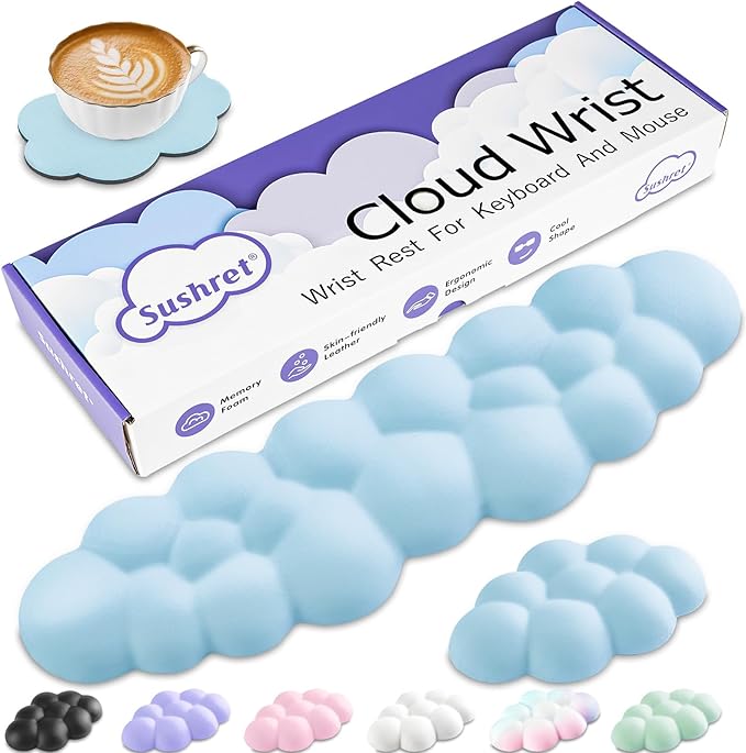 Cloud Wrist Rest Keyboard, Cloud Palm Rest Set with PU Leather Memory Foam, Cute Keyboard Rest for Wrist Support and Arm Rest, Desk Cloud Wrist Pad for PC/Gaming/Hand Cushion/Computer-Blue